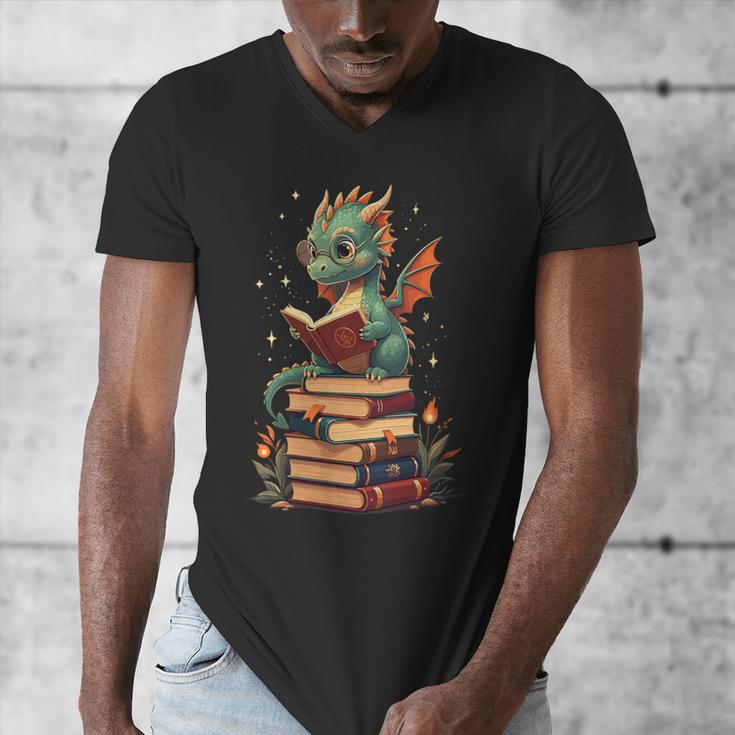 Cute Dragon Reading Book Bookworm Dragons And Books Men's V-Neck T-Shirt