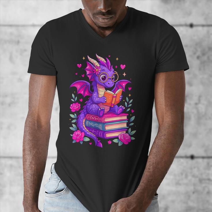 Cute Dragon Reading Books Bookworm Men's V-Neck T-Shirt Cute Dragon Reading Books Bookworm Men's V-Neck T-Shirt