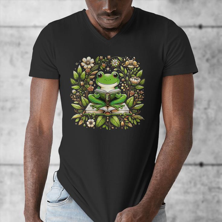 Cute Floral Frog Book Reading Men's V-Neck T-Shirt Cute Floral Frog Book Reading Men's V-Neck T-Shirt