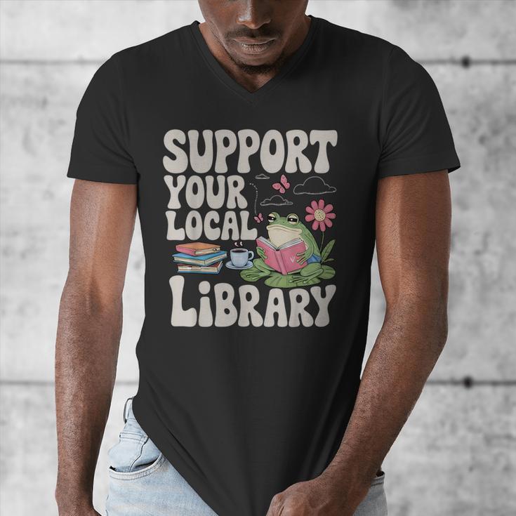 Cute Frog Support Your Local Library Librarian Book Lover Men's V-Neck T-Shirt Cute Frog Support Your Local Library Librarian Book Lover Men's V-Neck T-Shirt