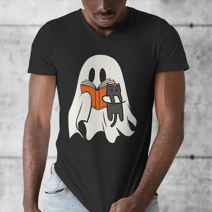 Cute Ghost Cat Reading Book Spooky Season Halloween Costume Men's V-Neck T-Shirt Cute Ghost Cat Reading Book Spooky Season Halloween Costume Men's V-Neck T-Shirt