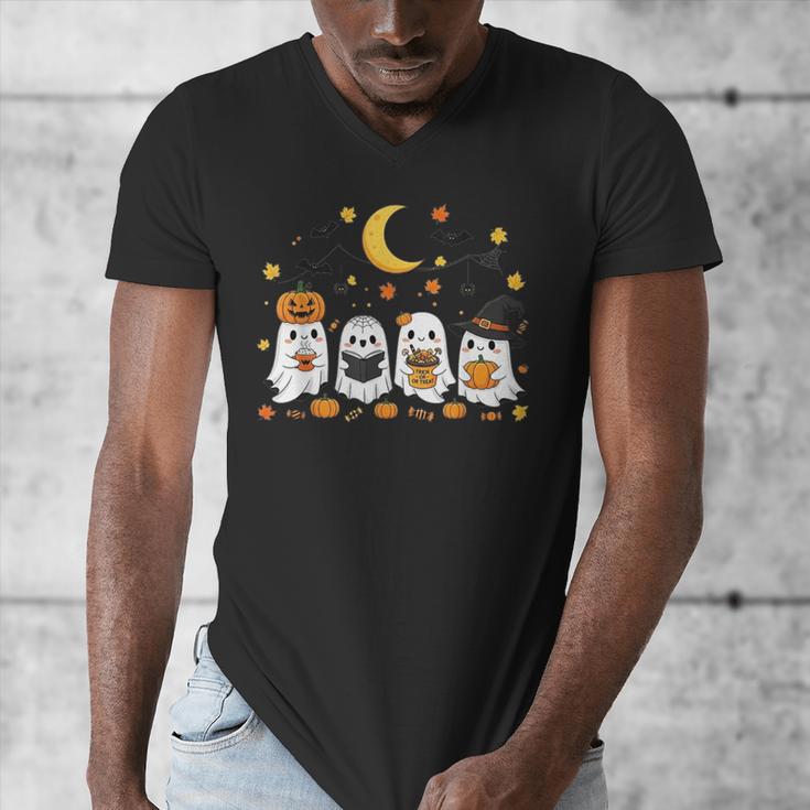 Cute Ghost Drinking Coffee Halloween Fall Ghost Book Reading Men's V-Neck T-Shirt Cute Ghost Drinking Coffee Halloween Fall Ghost Book Reading Men's V-Neck T-Shirt