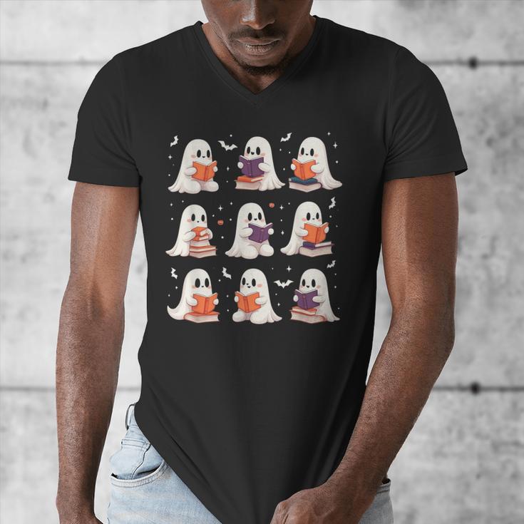 Cute Ghost Reading Book Lovers Halloween Ghost Men's V-Neck T-Shirt Cute Ghost Reading Book Lovers Halloween Ghost Men's V-Neck T-Shirt