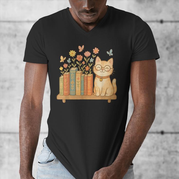 Cute Kawaii Cat Books Flowers Men's V-Neck T-Shirt