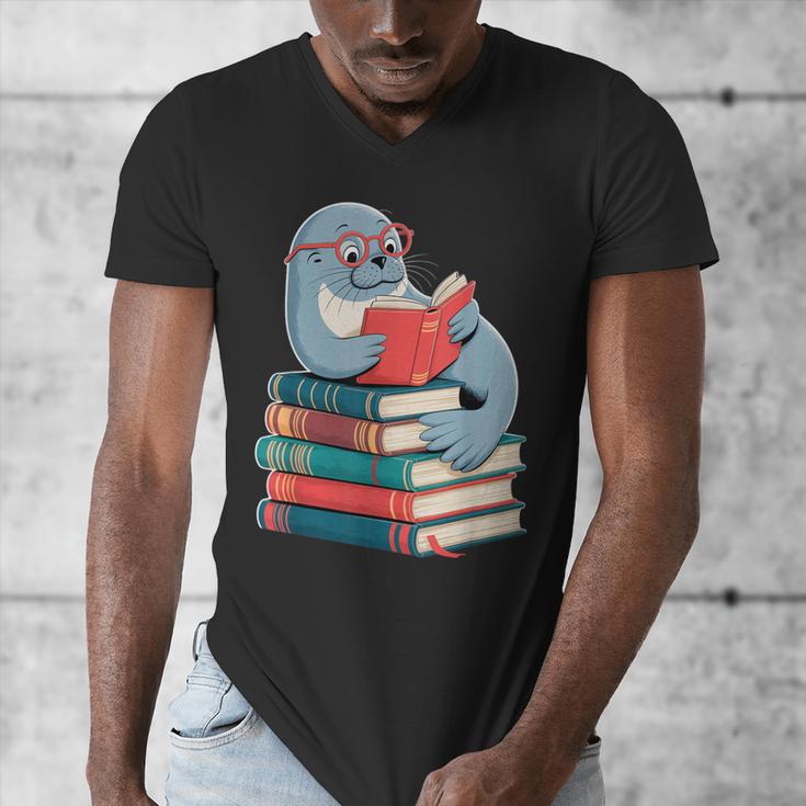 Cute Reading Seal On Books Book Lover Men's V-Neck T-Shirt Cute Reading Seal On Books Book Lover Men's V-Neck T-Shirt