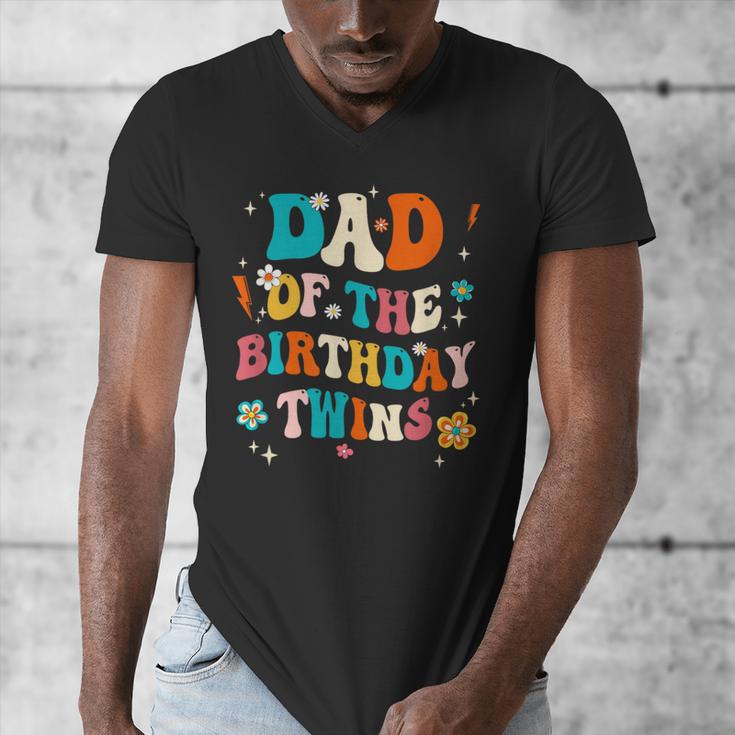 Dad Of The Birthday Twins Boys Girls Party Retro Bday Men's V-Neck T-Shirt
