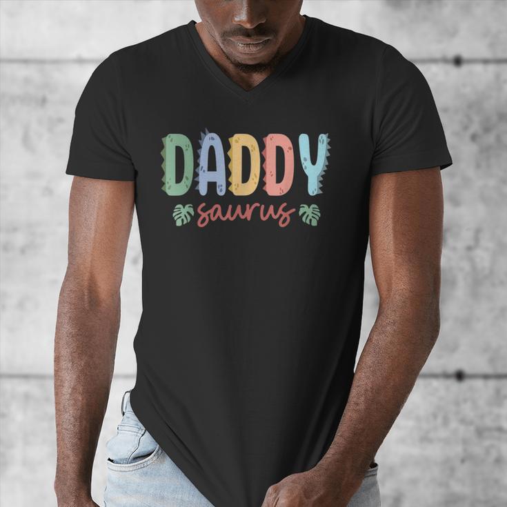 Daddy Saurus Dad Dinosaur Three Rex Birthday Boy Girl Family Men's V-Neck T-Shirt