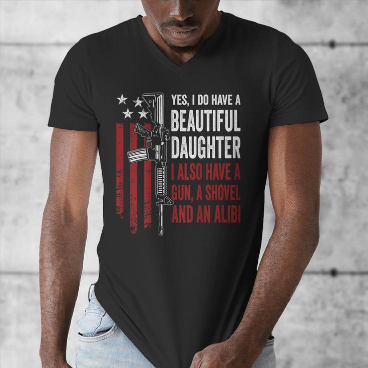 Daughter Gun Shovel Alibi Mom Dad Guns Joke -ON Back Men's V-Neck T-Shirt