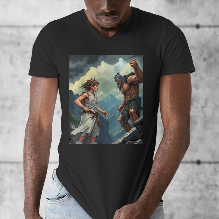 David And Goliath Bible Book Of Samuel King David Comic Men's V-Neck T-Shirt David And Goliath Bible Book Of Samuel King David Comic Men's V-Neck T-Shirt