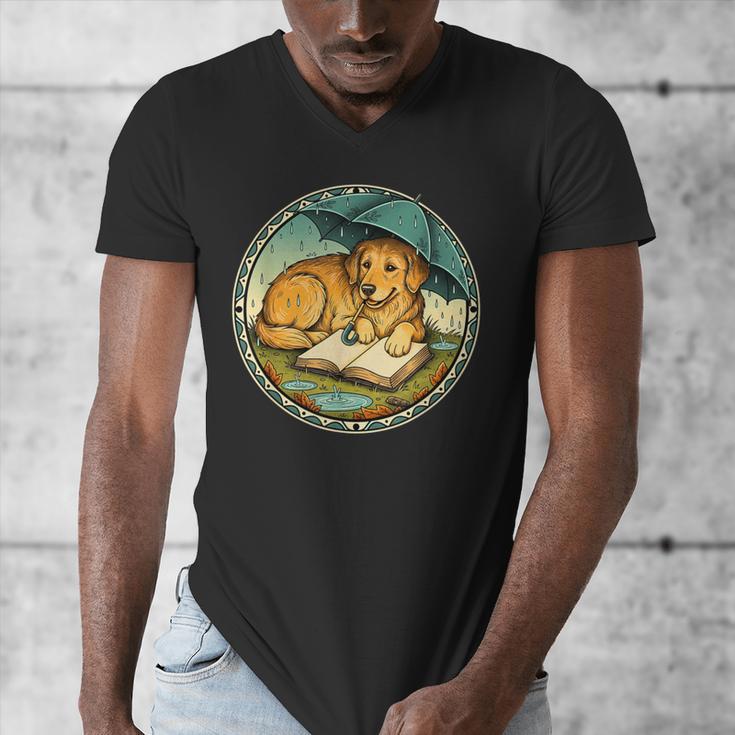 Dog Reading Book Rain Cozy Umbrella Cute Art Men Men's V-Neck T-Shirt