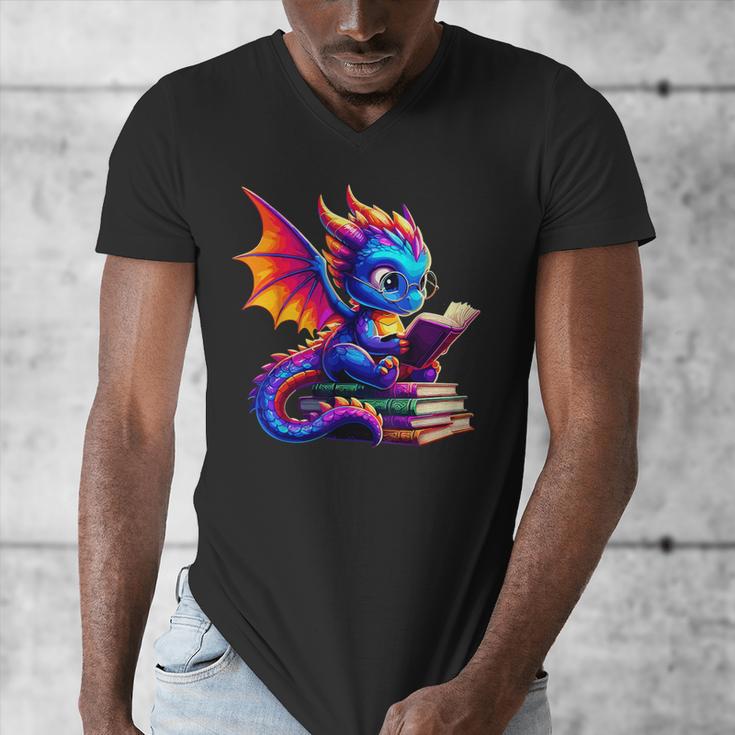 Dragon Reading a Book Bookworm Book Lover Men's V-Neck T-Shirt