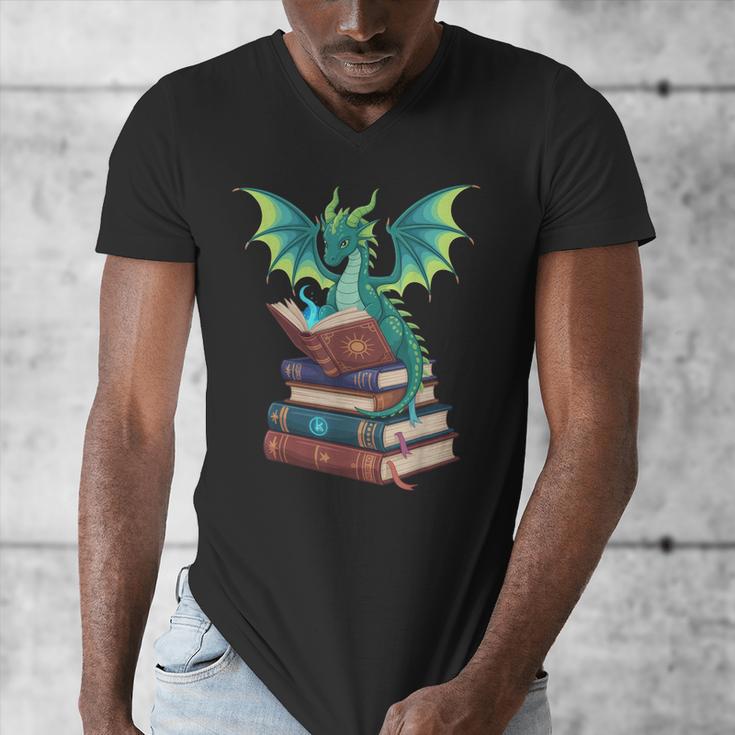 Dragon Reading Books Fantasy Lovers Mythical Creatures Men's V-Neck T-Shirt