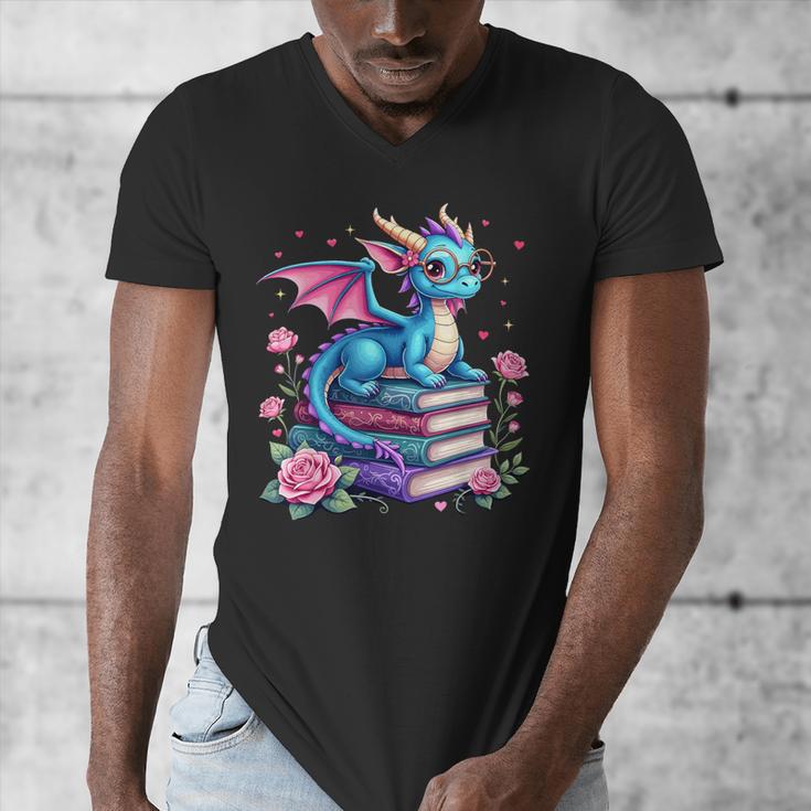 Dragons And Books Dragon Reading Book Lover Girl Bookworm Men's V-Neck T-Shirt
