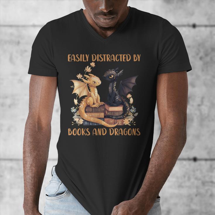 Easily Distracted By Books & Dragons Librarian Book Lover Men's V-Neck T-Shirt
