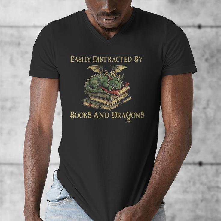 Easily Distracted By Books And Dragons Graphic Men's V-Neck T-Shirt Easily Distracted By Books And Dragons Graphic Men's V-Neck T-Shirt