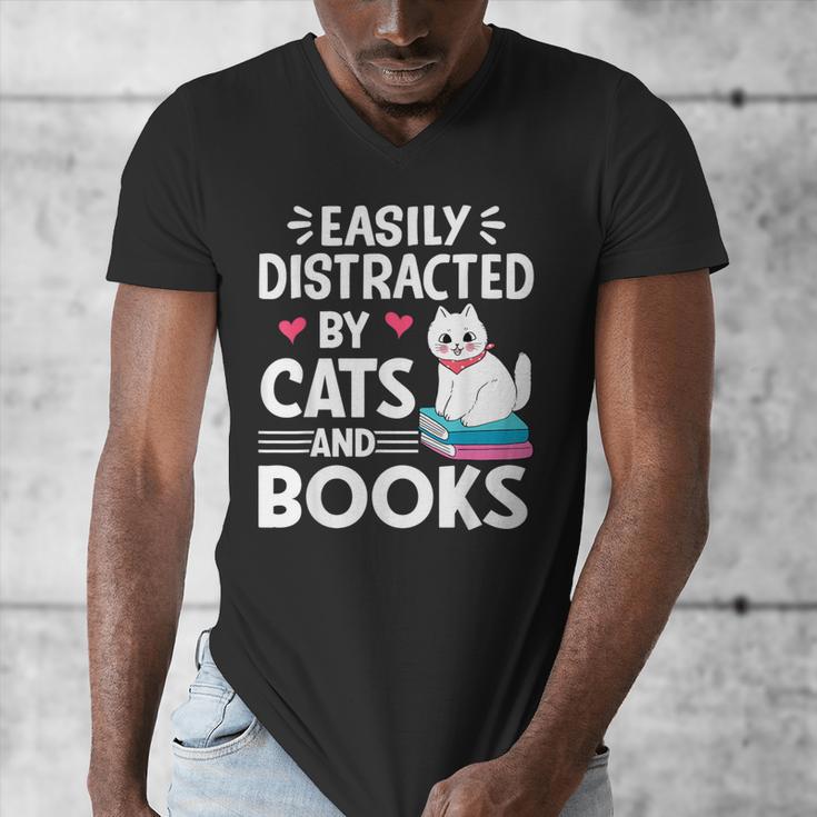 Easily Distracted By Cats And Books Cute Cat And Book Lovers Men's V-Neck T-Shirt