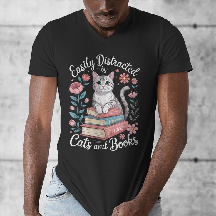 Easily Distracted By Cats And Books Reading Men's V-Neck T-Shirt