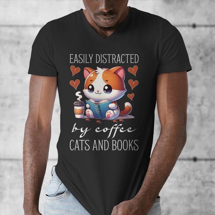Easily Distracted By Coffee Cats And Books Men's V-Neck T-Shirt