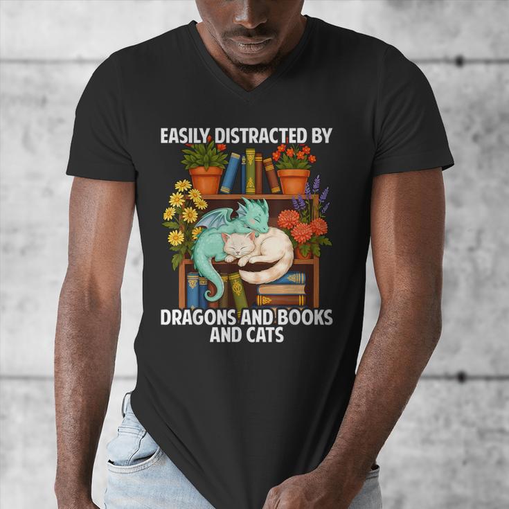 Easily Distracted By Dragons Books Cats Fantasy Book Lover Men's V-Neck T-Shirt