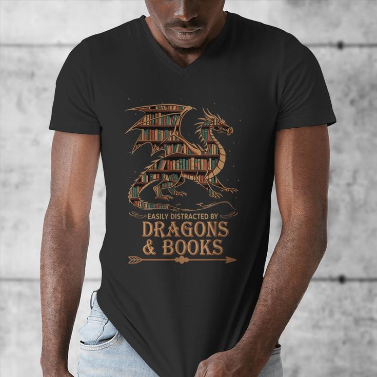 Easily Distracted By Dragons And Books Library Dragon Lover Men's V-Neck T-Shirt Easily Distracted By Dragons And Books Library Dragon Lover Men's V-Neck T-Shirt