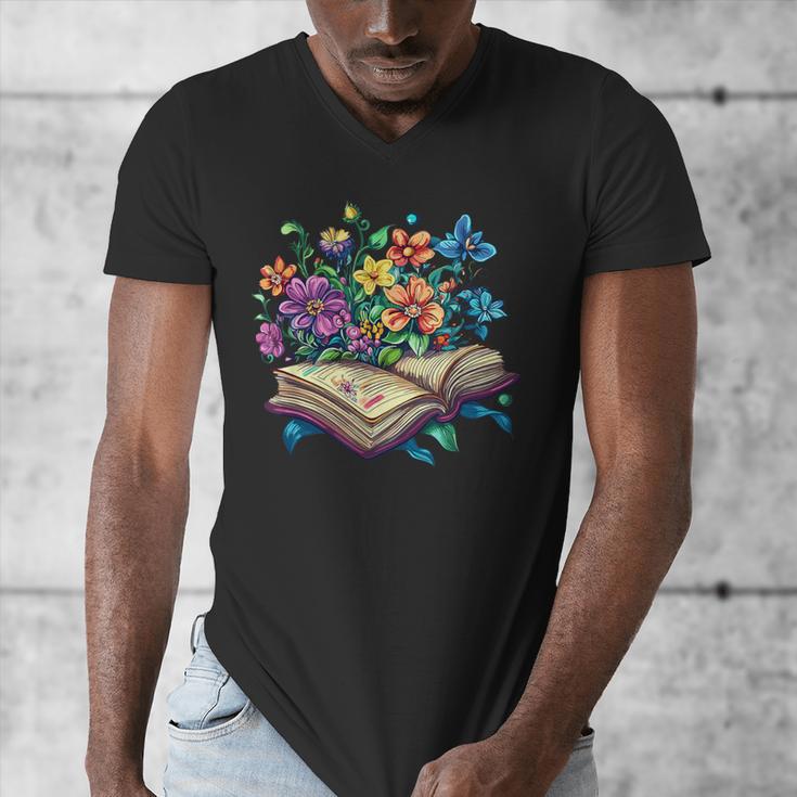 Enchanted Open Book With Blooming Flowers Men's V-Neck T-Shirt