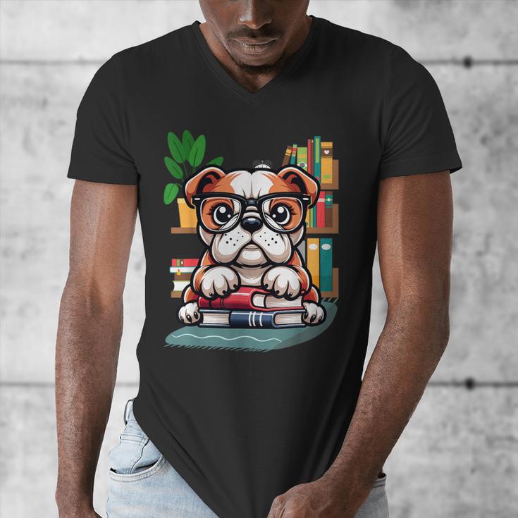 English Bulldog Reading a Book Dog Men's V-Neck T-Shirt English Bulldog Reading a Book Dog Men's V-Neck T-Shirt