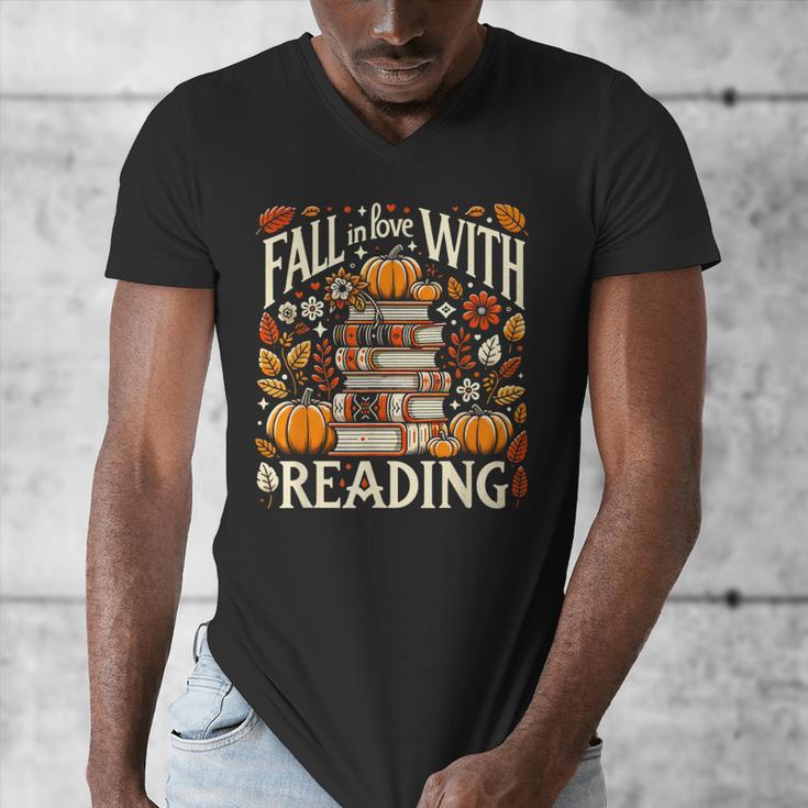 Fall In Love With Reading Book Autumn Pumpkins And Teachers Men's V-Neck T-Shirt