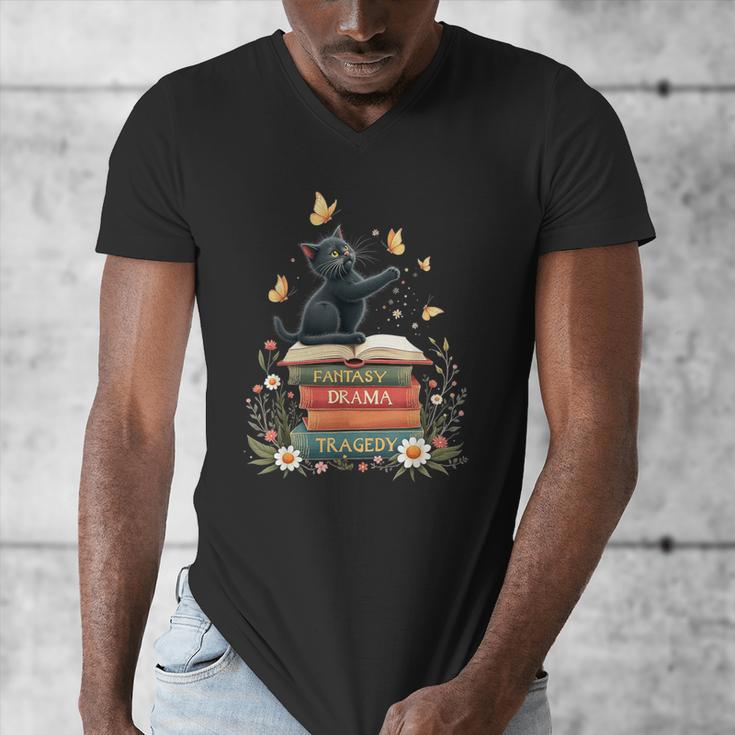 Fantasy Drama Tragedy Reading Lover Book Cat Humor Men's V-Neck T-Shirt Fantasy Drama Tragedy Reading Lover Book Cat Humor Men's V-Neck T-Shirt
