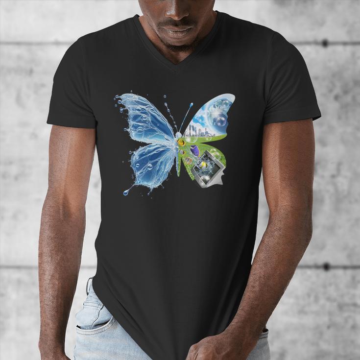 Frutiger Aero Aesthetic Butterfly Computer Fishes Scenery Men's V-Neck T-Shirt