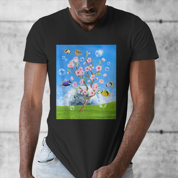 Frutiger Aero Aesthetic Tech Cherry Blossom Fishes Bubbles Men's V-Neck T-Shirt