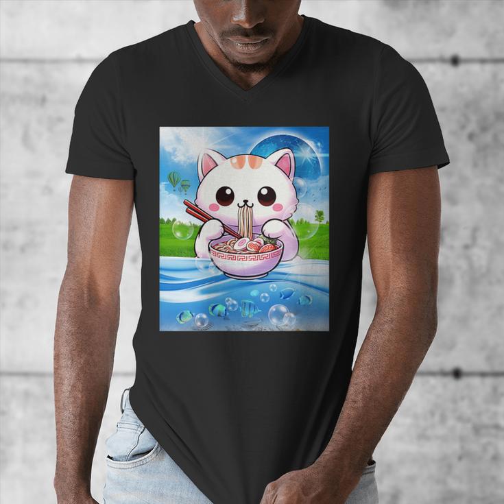 Frutiger Aero Aesthetic Tech Kawaii Ramen Cat Fishes Men's V-Neck T-Shirt Frutiger Aero Aesthetic Tech Kawaii Ramen Cat Fishes Men's V-Neck T-Shirt