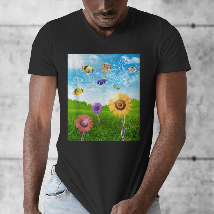 Frutiger Aero Aesthetic Tech Scenery Fishes Sunflower Men's V-Neck T-Shirt Frutiger Aero Aesthetic Tech Scenery Fishes Sunflower Men's V-Neck T-Shirt