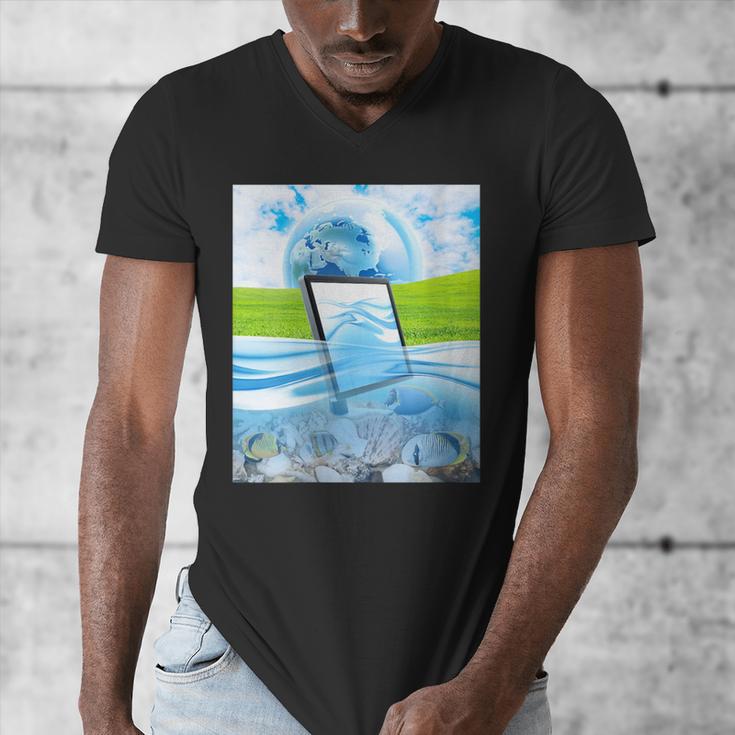 Frutiger Aero Aesthetic Tech Water Fishes Monitor Screen Men's V-Neck T-Shirt Frutiger Aero Aesthetic Tech Water Fishes Monitor Screen Men's V-Neck T-Shirt