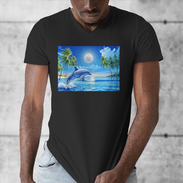 Frutiger Aero Dolphin Sunset Ocean With Palm Trees Y2k Men's V-Neck T-Shirt Frutiger Aero Dolphin Sunset Ocean With Palm Trees Y2k Men's V-Neck T-Shirt