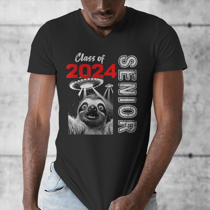 Fun Trendy UFO Sloth Graduation Class Of 2024 Senior Men's V-Neck T-Shirt