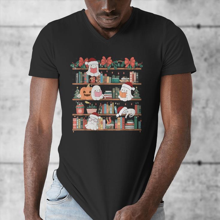 Ghost Christmas Reading Book Lover Library Christmas Teacher Men's V-Neck T-Shirt