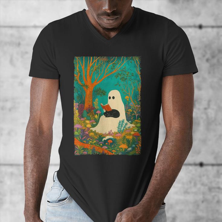 Groovy Ghost Reading Book Cat Halloween Ghost Teacher Men's V-Neck T-Shirt Groovy Ghost Reading Book Cat Halloween Ghost Teacher Men's V-Neck T-Shirt