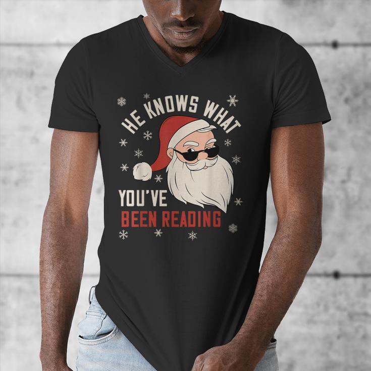 He Knows What You'Ve Been Reading Book Lover Women Santa Men's V-Neck T-Shirt He Knows What You'Ve Been Reading Book Lover Women Santa Men's V-Neck T-Shirt