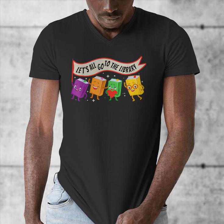 Librarian Let's All Go To The Library Cute Groovy Book Lover Men's V-Neck T-Shirt