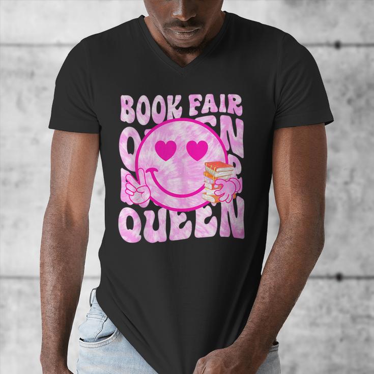 Library Book Fair Queen Vibe Groovy Tie Dye School Reading Men's V-Neck T-Shirt