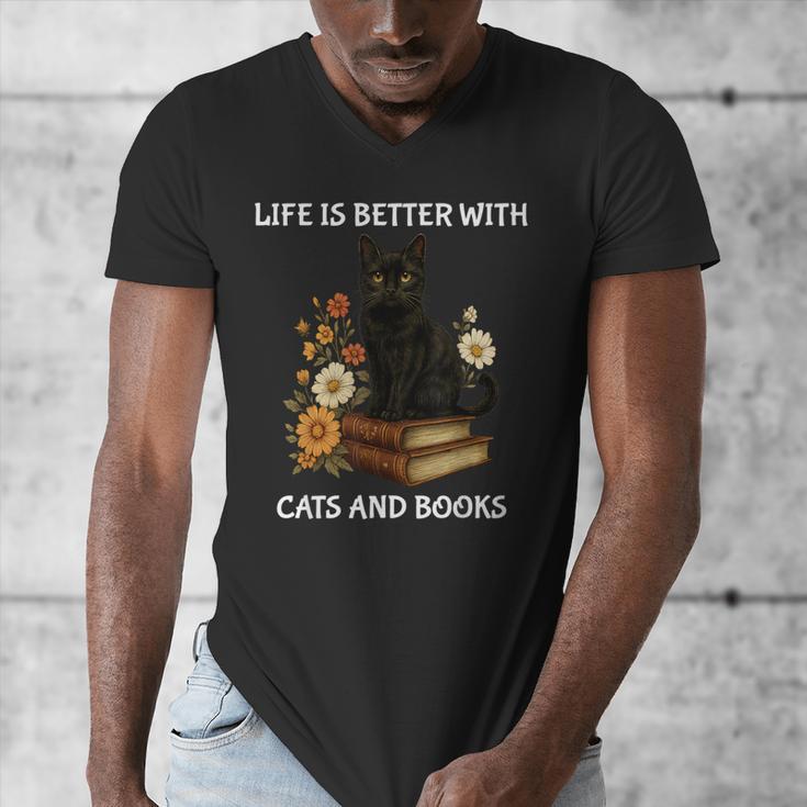 Life Is Better With Cats And Books Cute Cat Lover For Men Women Kids Men's V-Neck T-Shirt