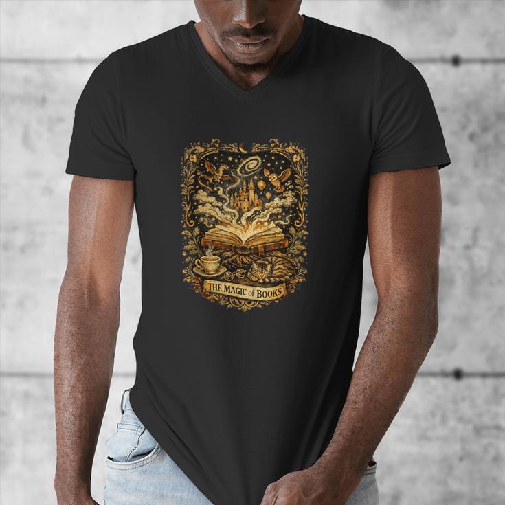 The Magic Of Books Vintage Style Reading Lover Cat & Tea Men's V-Neck T-Shirt