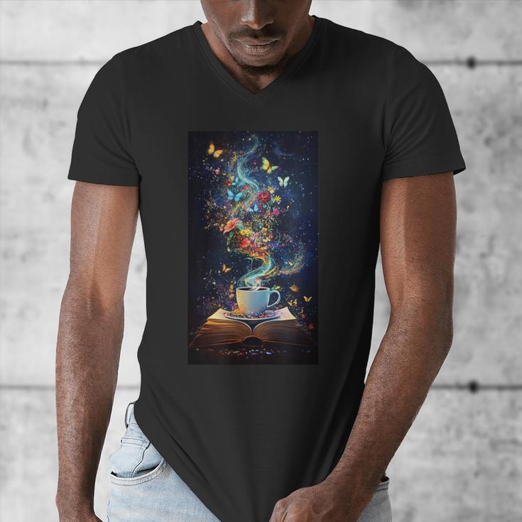 Magical Book Floral Coffee Books Nature Fantasy Men's V-Neck T-Shirt