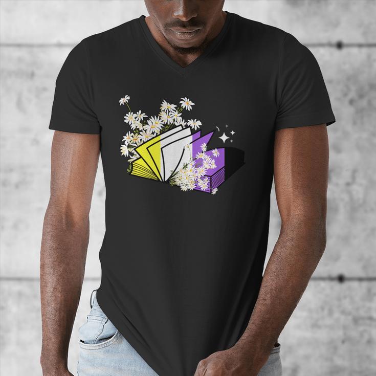 Non-Binary Book Lover Nonbinary Daisy LGBT Reading Pride Men's V-Neck T-Shirt