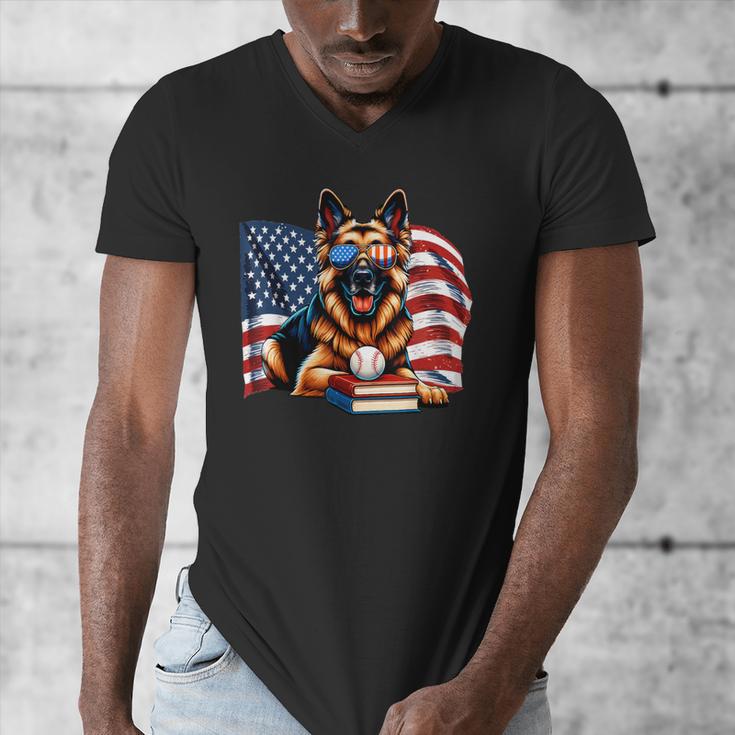 Patriotic German Shepherd Dog Books Baseball American Flag Men's V-Neck T-Shirt Patriotic German Shepherd Dog Books Baseball American Flag Men's V-Neck T-Shirt