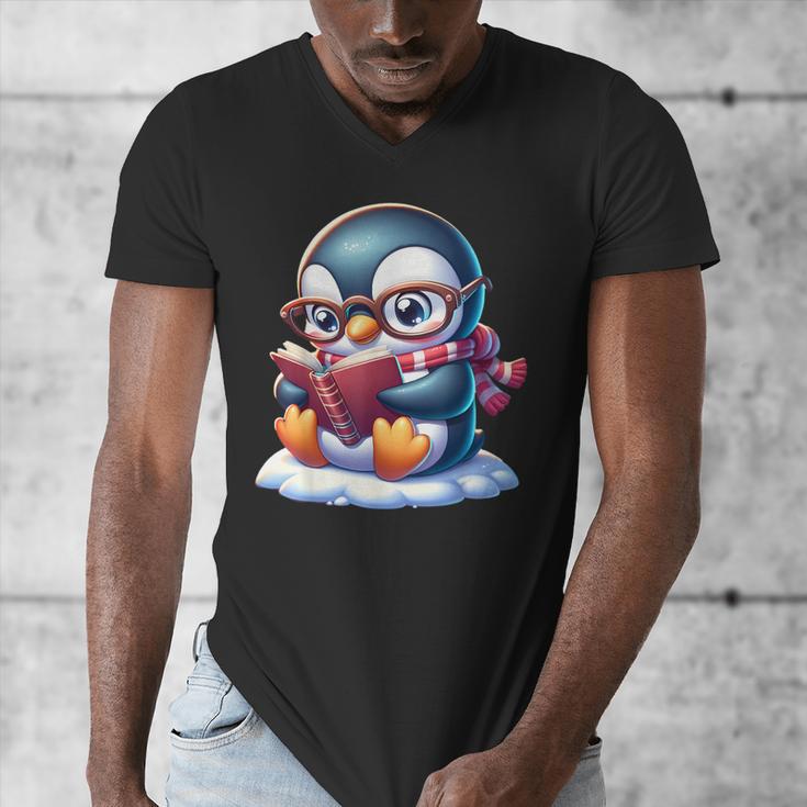 Penguin Reading a Book Animal Men's V-Neck T-Shirt Penguin Reading a Book Animal Men's V-Neck T-Shirt