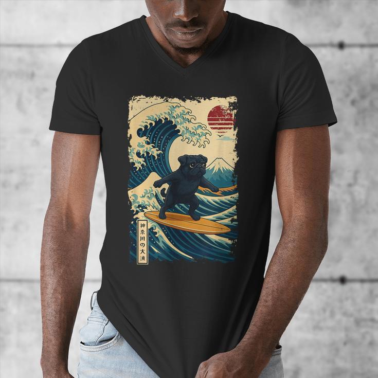 Pug Japanese Kanagawa Wave Surfing Japan Mom Dad Kids Men's V-Neck T-Shirt