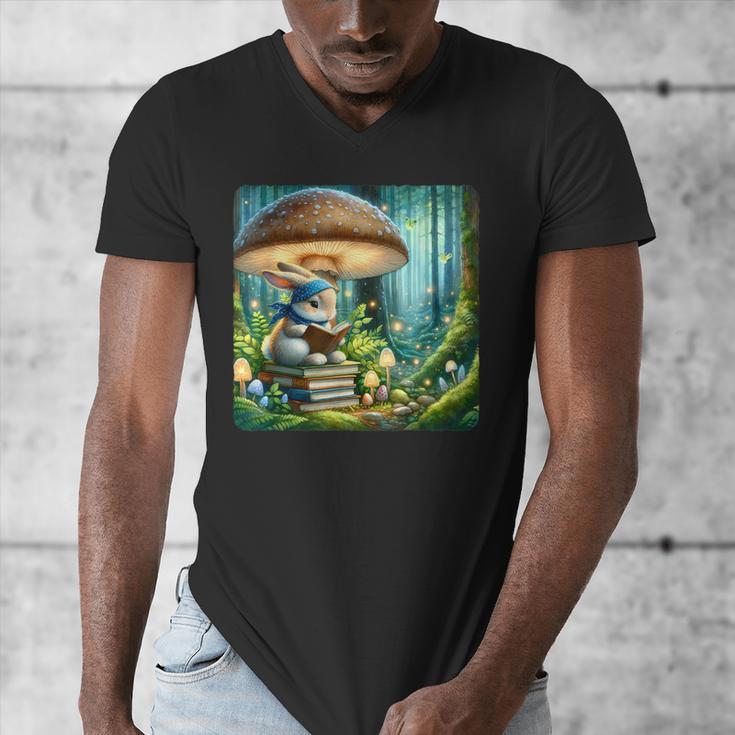 Rabbit Reading Book Under Large Mushroom Easter Bandana Men's V-Neck T-Shirt