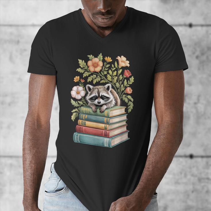 Raccoon Books Reading Flowers Men's V-Neck T-Shirt Raccoon Books Reading Flowers Men's V-Neck T-Shirt