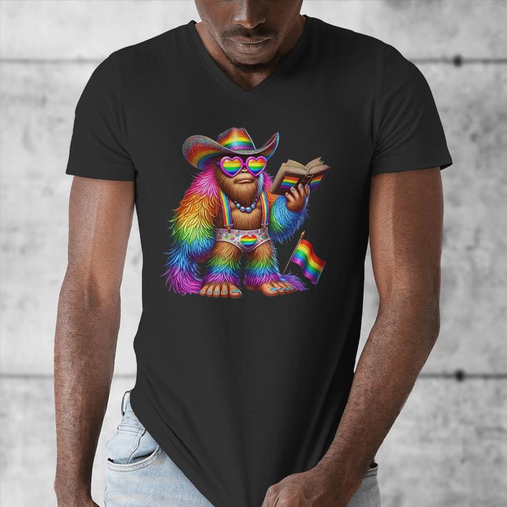 Rainbow Pride Bigfoot Reading Book With Heart Glasses Men's V-Neck T-Shirt Rainbow Pride Bigfoot Reading Book With Heart Glasses Men's V-Neck T-Shirt